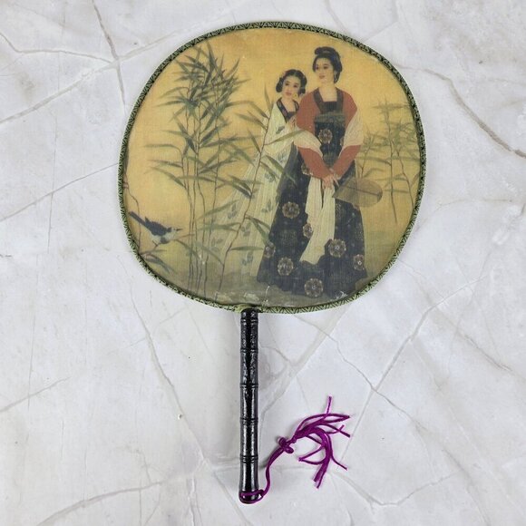 Set of 5 Chinese Silk Round Paddle Hand Fans Geisha Women Bamboo Hand Painted - Picture 16 of 16